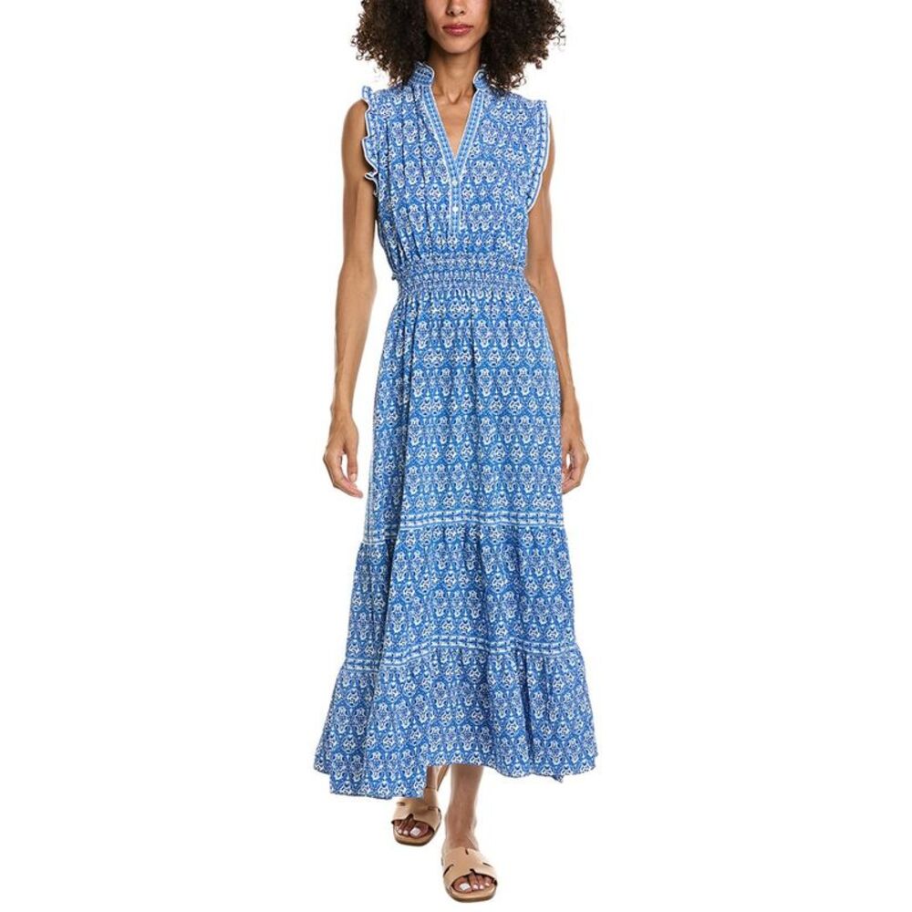Max Studio Womens Sleeveless Smocked Waist Tiered Maxi Dress, Blue